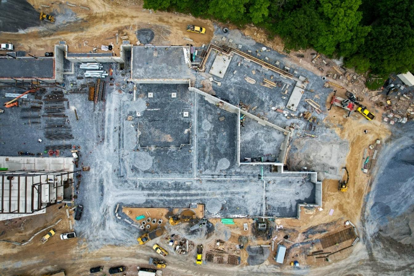 Aerial view of the building foundation during construction