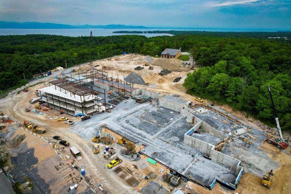 Aerial view of steel framing and foundations during construction