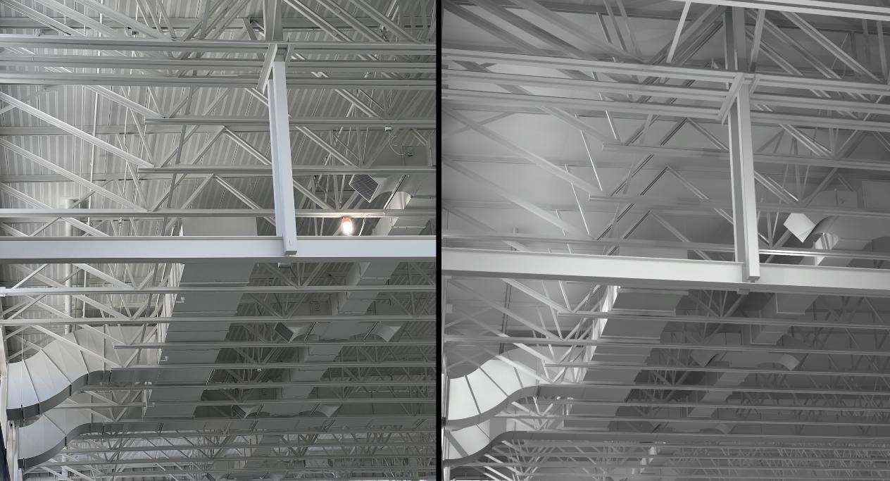 Installed ductwork below the roof structure