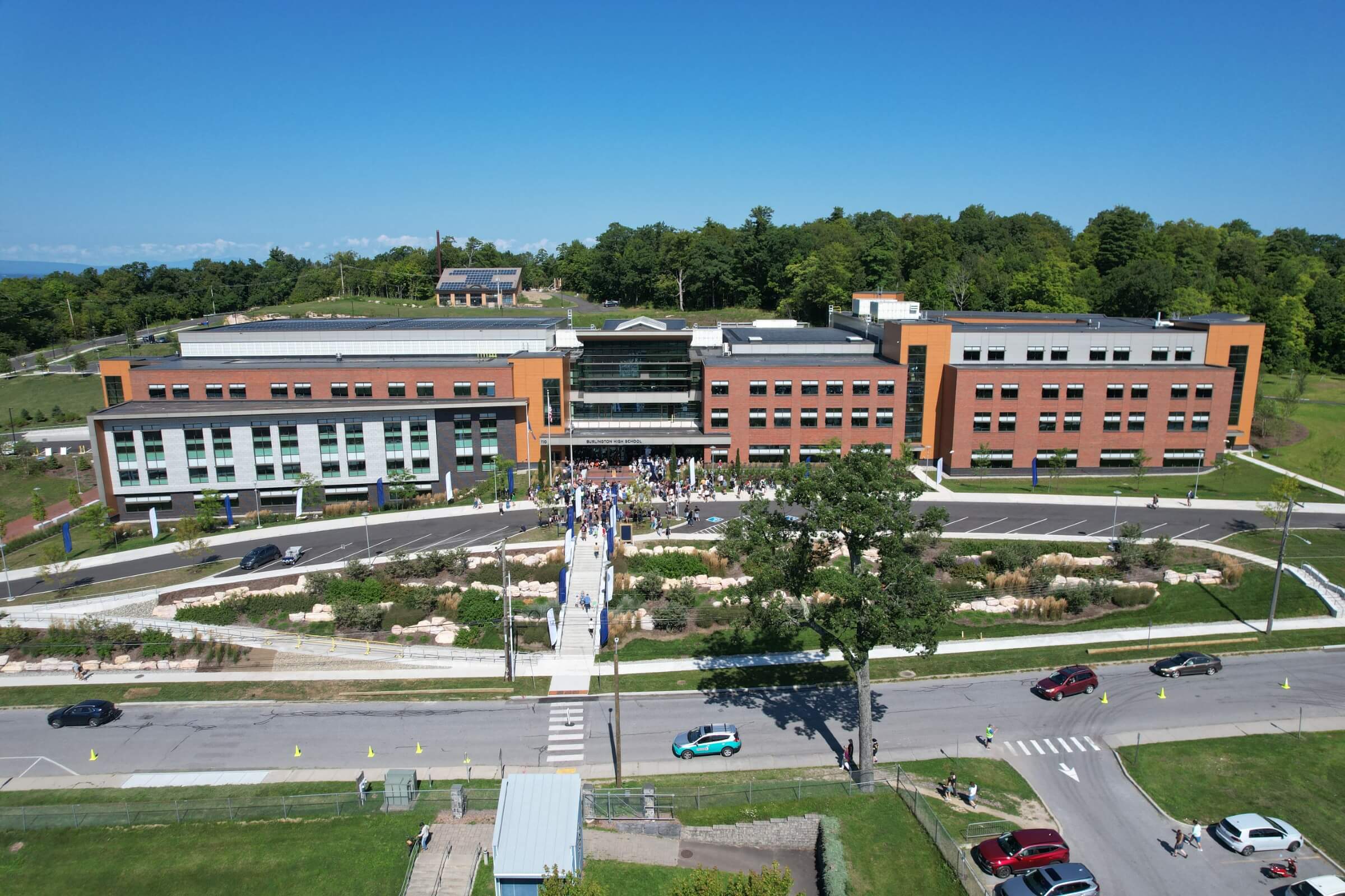 Front aerial view of the completed Burlington High School